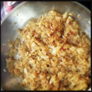 Pale onions, on their way to being caramelized. 