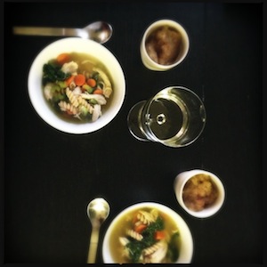 Chicken soup, pink lady applesauce, and new wine glasses.